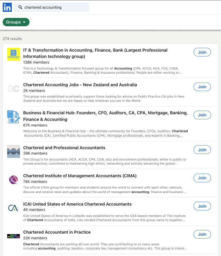 Search "chartered accounting" LinkedIn Groups